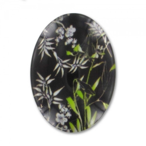 Cabochon ovale décoré 25x18 mm Noir Fleurs x1