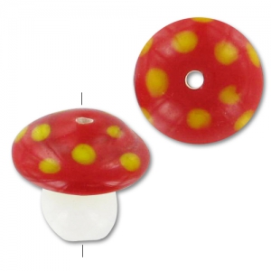 Perle champignon 18x16.5 mm en verre - motif pois - Rouge - Jaune x1