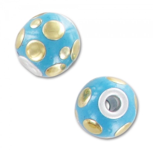 Perle ronde 14 mm motif bulles Turquoise/Doré x1