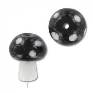 Perle champignon 19x15 mm en verre - motif pois - Noir - Blanc x1