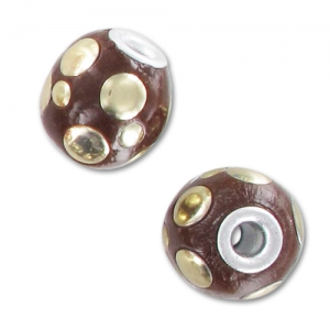 Perle ronde 14 mm motif bulles Marron/Doré x1