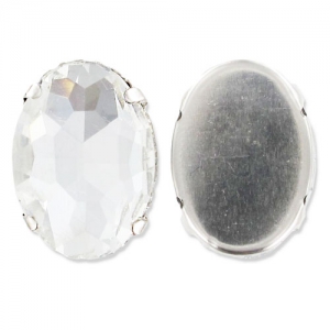 Cabochon ovale facetté serti 18x13 mm Crystal/Rhodié