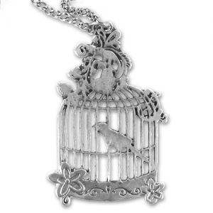Chaine et pendentif cage à oiseau 58 mm argenté vieilli x1