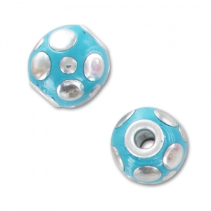 Perle ronde 14 mm motif bulles Turquoise/Argenté x1