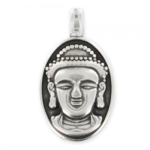 Pendentif tête de Bouddha 32 mm Placage Argent fin vieilli x1