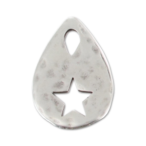 Pendentif martelé goutte décor étoile 26 mm Placage Argent fin vieilli x1