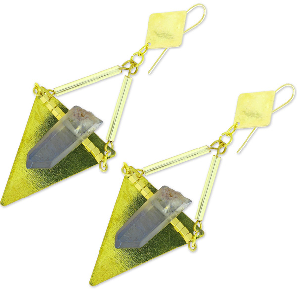 Boucles d'oreilles triangles pointe de cristal et perles carrées