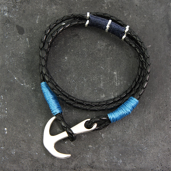 bracelet homme cordon tresse cuir ancre marine