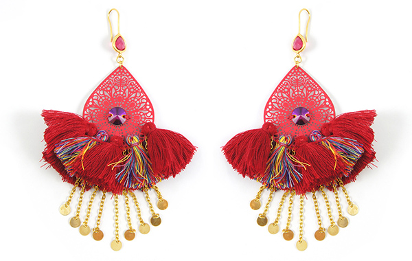 Boucles d'oreilles Andalouses rouges pompons pierre &agrave; coudre PureCrystal final