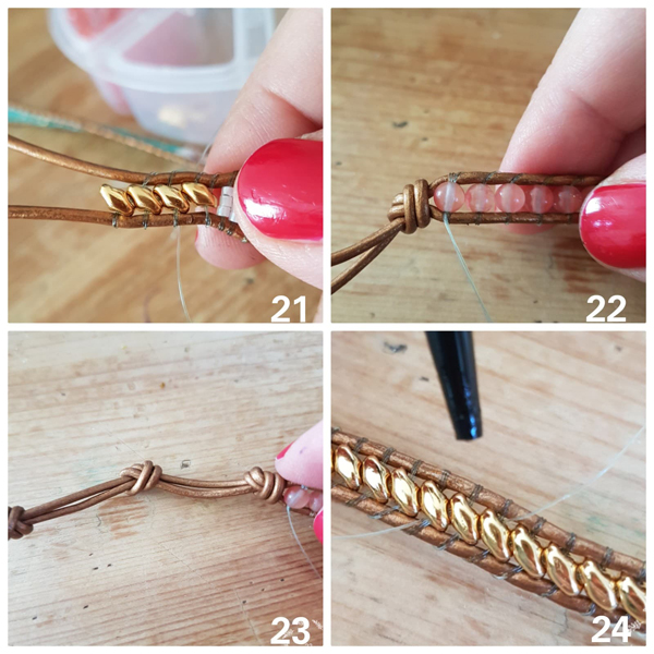 Bracelet wrap 5 tours avec des perles Miyuki Delicas, améthystes et cordon de cuir par Miss Wrap : Etape 6 Bracelet wrap 5 tours avec des perles Miyuki Delicas, améthystes et cordon de cuir par Miss Wrap : Etape 6