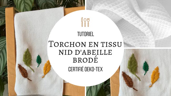 Torchon en tissu nid d'abeille brodé motifs feuilles d'automne