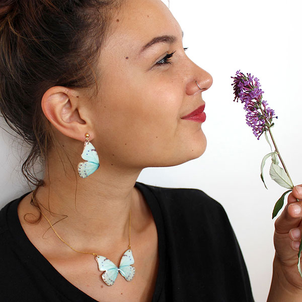 Schéma Collier papillon en organza, pâte Fimo et résine UV