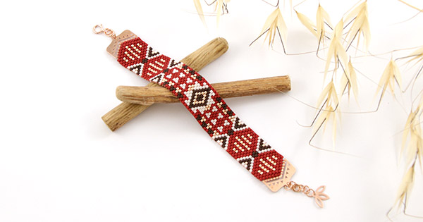 Bracelet tissé Miyuki Terracotta et Doré Rose avec embouts de tissage