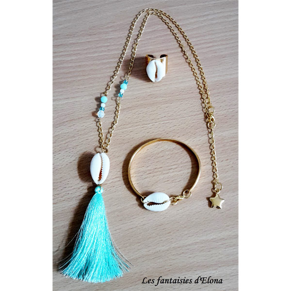 Parure Collier Bague et Bracelet Coquillages et pompon