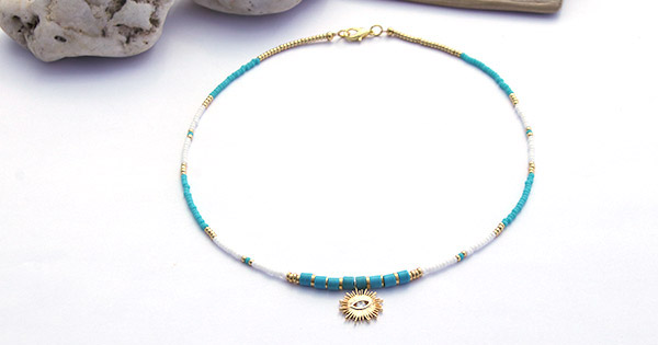 Collier surfeur, perles heishi, pendentif oxyde de zirconium et rocailles Miyuki