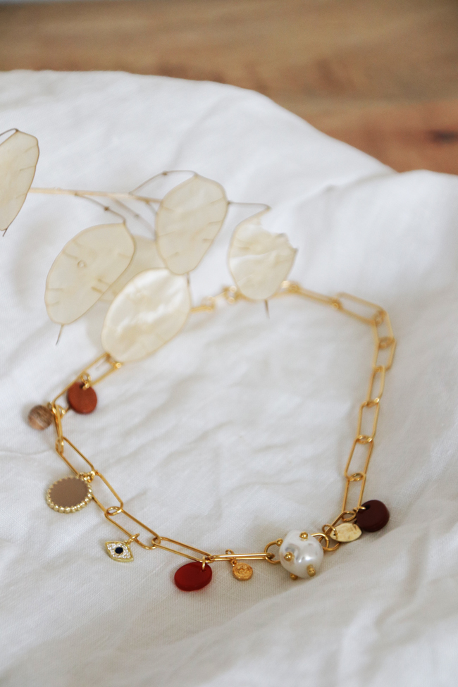 Schéma DIY Collier maxi chaîne maille rectangle avec breloque nacre, oeil et pierres gemmes