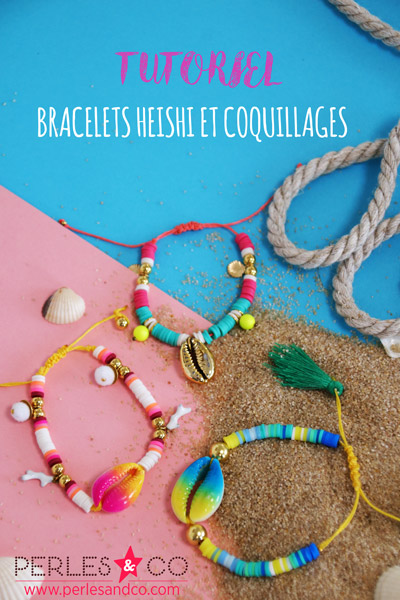 Schéma Bracelets colorés estival avec rondelles Heishi et coquillages cauris