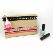 Galon brodé motif hexagone allongé 20 mm Beige/Rose/Argenté x50cm