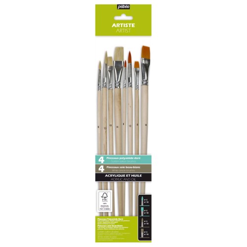 Set de 8 pinceaux Pébéo plats et ronds manches longs polyamide brun et soies blanc