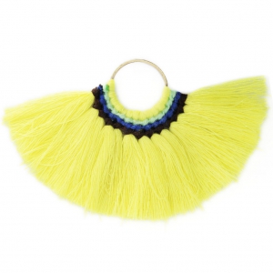 Pendentif éventail avec pompons en coton 80x55 mm Jaune/doré x1