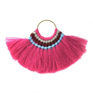 Pendentif éventail avec pompons en coton 80x55 mm Fuchsia/doré x1