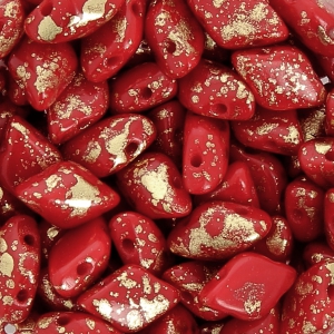 Perles en verre Gemduo 2 trous 8x5 mm Red Coral Gold Splash x10g