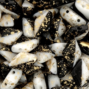 Perles en verre Gemduo 2 trous 8x5 mm Jet Opaque White Gold Splash x10g