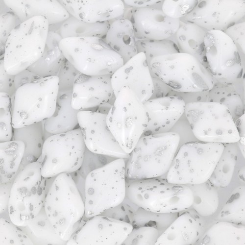 Perles en verre Gemduo 2 trous 8x5 mm Opaque White Silver Splash x10g