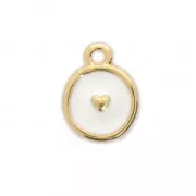 Breloque ronde motif coeur en résine époxy 10 mm Doré à l'or fin/Blanc x1