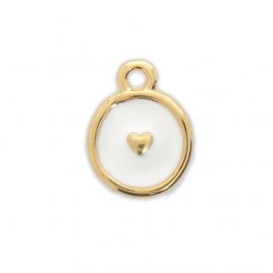Breloque ronde motif coeur en résine époxy 10 mm Doré à l'or fin/Blanc x1