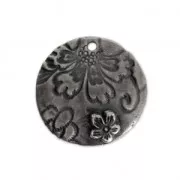 Pendentif rond motif fleur 21.5 mm étain vieilli x1