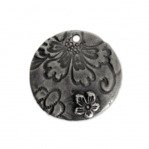 Pendentif rond motif fleur 21.5 mm étain vieilli x1