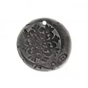 Pendentif rond motif fleur 21.5 mm étain vieilli x1