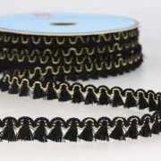 Galon de petits pompons et pampilles à frange 13 mm Noir/doré x1m