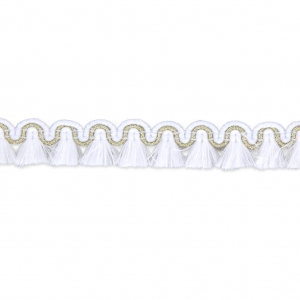 Galon de petits pompons et pampilles à frange 13 mm Blanc/doré x1m