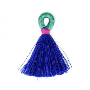 Grand Pompon textile avec attache 4 cm - Bleu marine - Vert turquoise x1