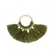 Petit pendentif éventail avec pompons imitation coton 20x29 mm Kaki/doré x1