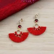 Petit pendentif éventail avec pompons imitation coton 20x29 mm Bordeaux/doré x1