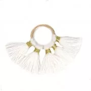 Petit pendentif éventail avec pompons imitation coton 20x29 mm Blanc/doré x1