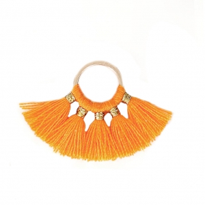 Petit pendentif éventail avec pompons imitation coton 20x29 mm Orange/doré x1