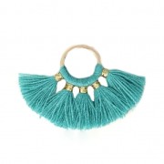 Petit pendentif éventail avec pompons imitation coton 20x29 mm Petrol/doré x1|raw }}