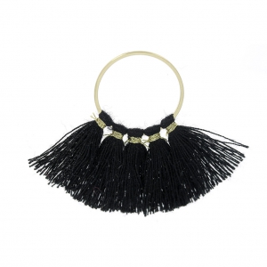 Pendentif éventail avec pompons en coton 45x40 mm Noir/doré x1