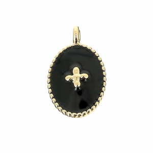 Breloque médaille ovale motif croix résine époxy 14x8.5mm Doré à l'or fin noir x1
