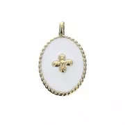 Breloque médaille ovale motif croix résine époxy 14x8.5mm Doré à l'or fin blanc x1