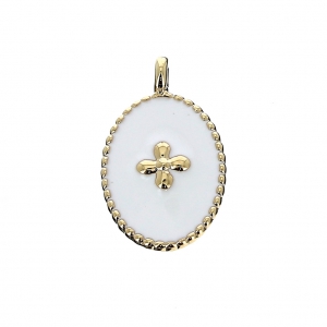 Breloque médaille ovale motif croix résine époxy 14x8.5mm Doré à l'or fin blanc x1