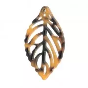 Pendentif feuille en acétate de cellulose 39x23mm Ecaille de tortue Marron/Noir x1