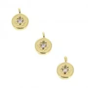 Breloque ronde rose des vents strassée en laiton 8.65 mm doré x1