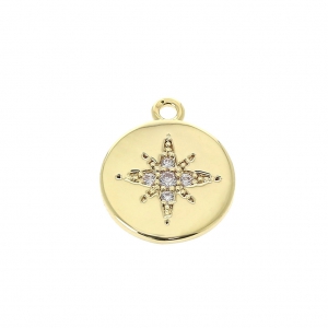 Breloque ronde rose des vents strassée en laiton 14.10 mm doré x1