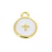Breloque ronde motif croix en résine époxy 10 mm doré à l'or fin/Blanc x1