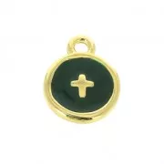 Breloque ronde motif croix en résine époxy 10 mm doré à l'or fin/Vert x1